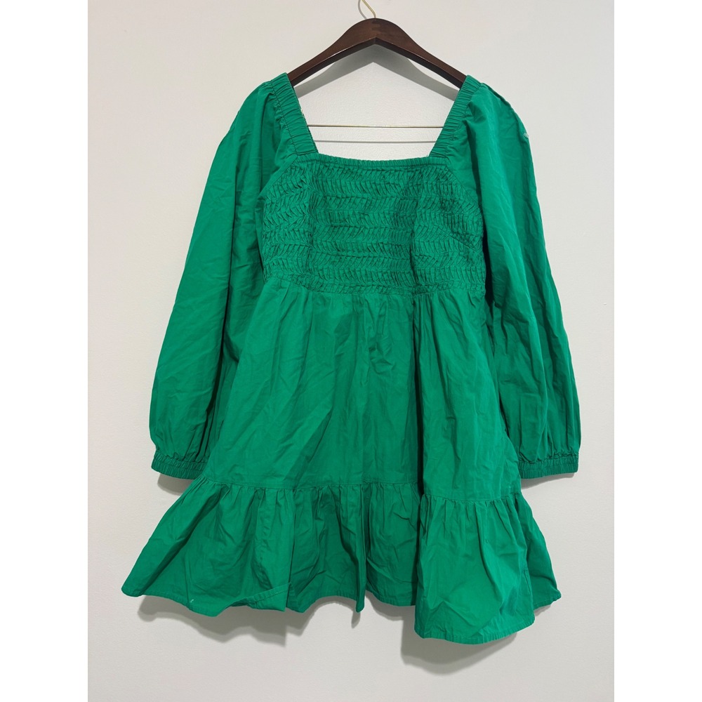 Banjanan Green Smocked Cotton Mini Dress Long Puff Sleeve Square Neck Size M
